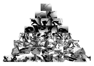 LA NAISSANCE D'EVE36 fois 27 x 40   total : hauteur 2 m 16, largeur 3 m 20photo, dessin, palette graphiqueprésentation : les 36 formats sont présentés en pyramide, bord à bord, fixés directement au mur par des épingles, ou mis sous cadres de verremars 2000