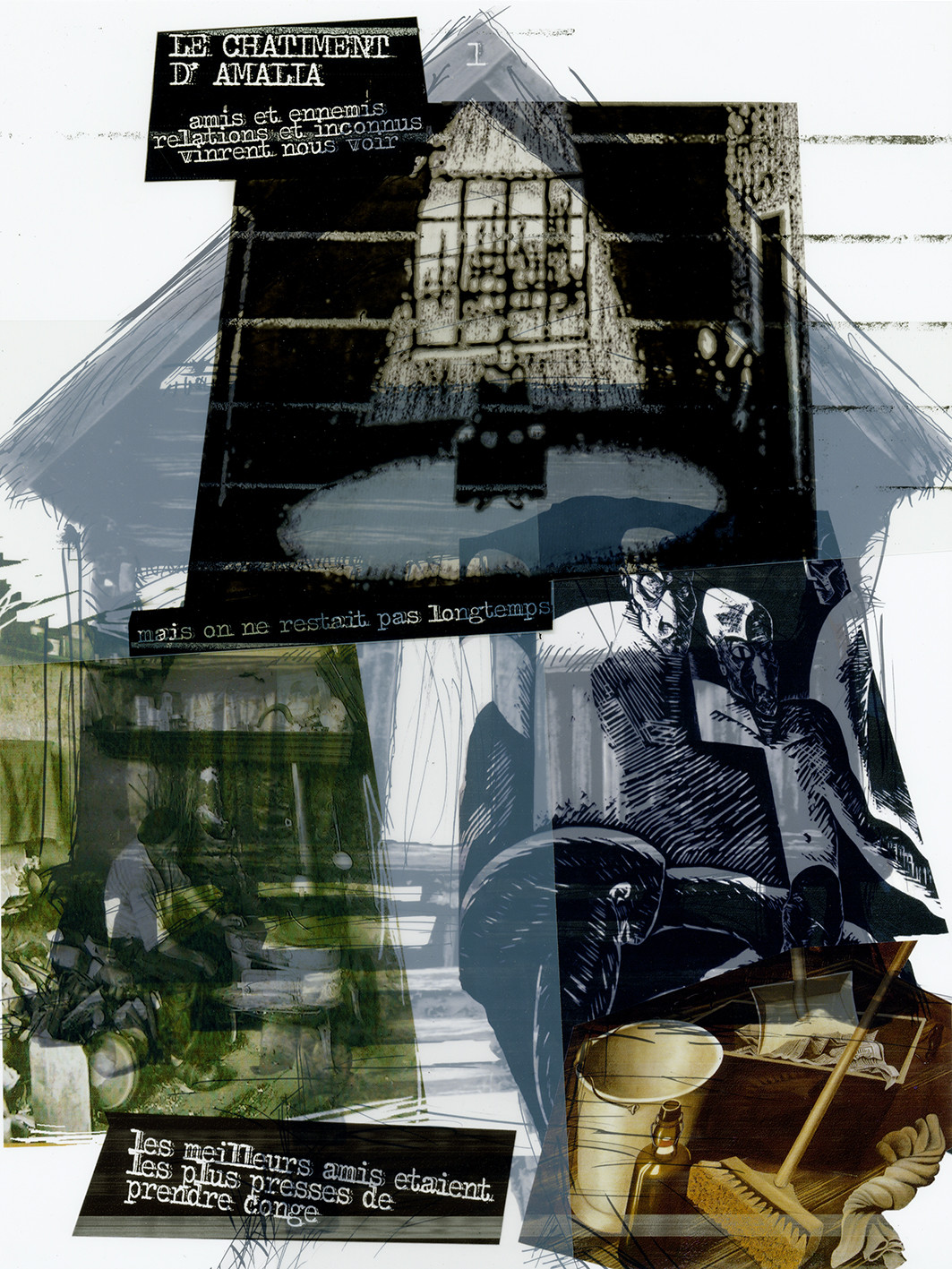 KAFKA, LE CHÂTIMENT D'AMALIAAmis et ennemis, relations et inconnus, vinrent nous voir.Mais on ne restait pas longtemps.Les meilleurs amis étaient les plus pressés de prendre congé.Image en hauteur au format 30 x 40 cm.Photo montages numériques, dessin, impression par jet d’encres aux pigments, sur des transparents superposés.