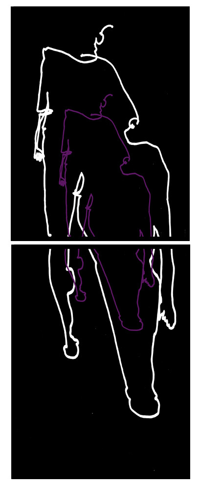 MA  DE  1DESSIN EN AVEUGLE, les yeux bandés, par touché du corps. Dessins repris scannés et travaillés sur palette graphique. Chaque image, au format 30 x 40, est imprimée par jet d'encres aux pigments.Les initiales désignent en premier celui qui dessine, en second, celui qui est dessiné80 X 30   octobre 2010