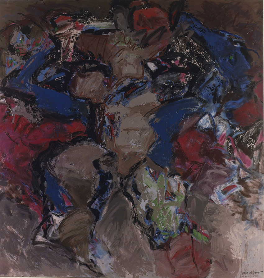 BICENTENAIRE DE LA REVOLUTION 2LA NOBLESSE DANS SES PLUS BEAUX ATOURSacrylique sur toile205 x 20511  89Les droits de l’homme vont souvent de travers. C’est un travers des hommes. Rares sont les barrières qui s’ouvrent en chantant: habituellement elles le font en grinçant. Contre toutes les tyrannies, tant d’art sanglant s’est levé. La révolution est un bi-centenaire resté en culotte courte. Que ceux qui ont peur des idées, des poètes, des artistes, enfoncent leur bonnet phrygien jusqu’aux oreilles, et qu’ils s’appliquent sur les yeux, deux cocardes tricolores. Claude JEANMART           1 -4-1989