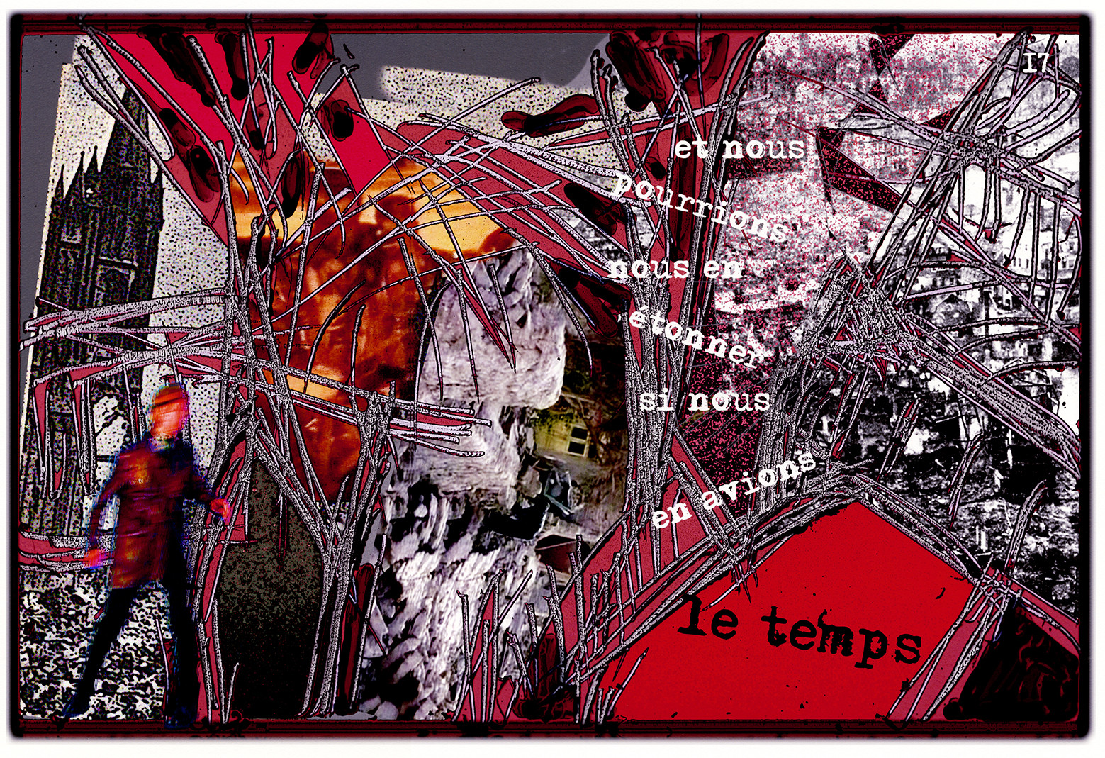 KAFKA. VERS MINUIT 17Et nous pourrions nous en étonner, si nous en avions le temps.image en largeur, au format 30 x 40 cmPhoto montages numériques sur palette graphique, dessin, blue screen, impression jet d’encres aux pigments.