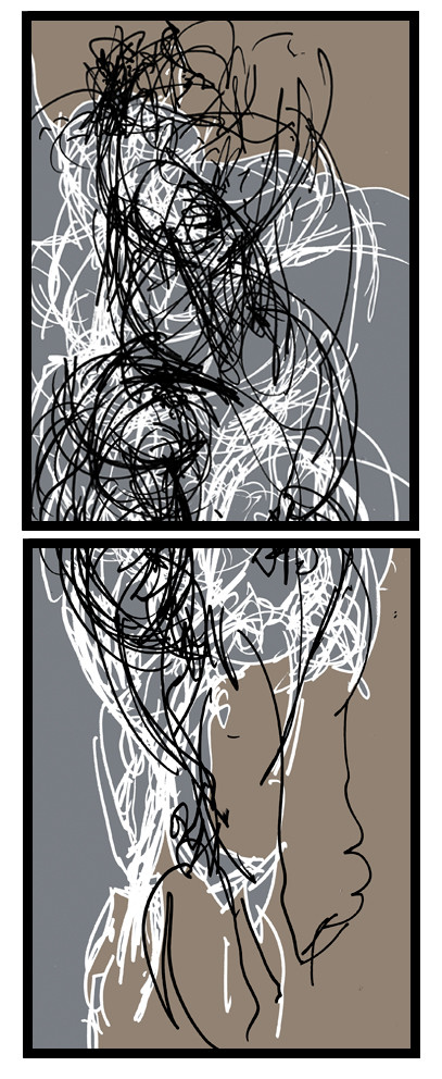 CL  BL 1DESSIN EN AVEUGLE, les yeux bandés, par touché du corps. Dessins repris scannés et travaillés sur palette graphique. Chaque image, au format 30 x 40, est imprimée par jet d'encres aux pigments.Les initiales désignent en premier celui qui dessine, en second, celui qui est dessiné80 X 30   octobre 2010