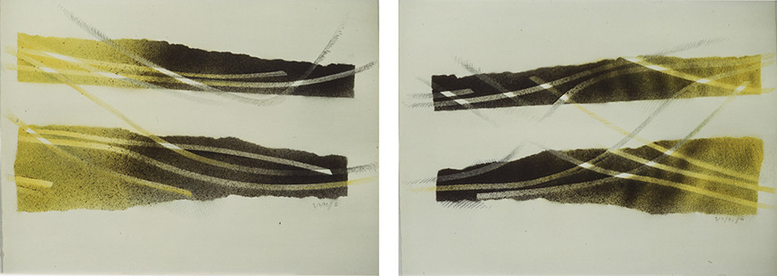 série des TRACES AIMANTÉES - pulvérisations d'encres, aimants en bandes - 2 fois 50 x 65 - 7  82