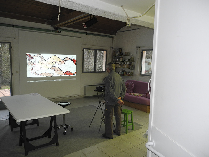 les  6 dessins sont agrandis successivement  par video projectionsur des feuilles polyester de 200 x 90 cmCONTOURS, DUR, SOUPLE, CHAUD, FORMES, POILS