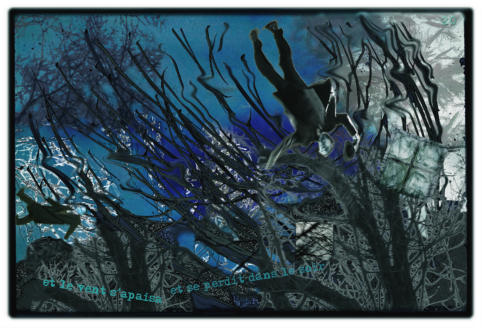 KAFKA. VERS MINUIT 20Et le vent s’apaisa, et se perdit dans le soir.image en largeur, au format 30 x 40 cmPhoto montages numériques sur palette graphique, dessin, blue screen, impression jet d’encres aux pigments.