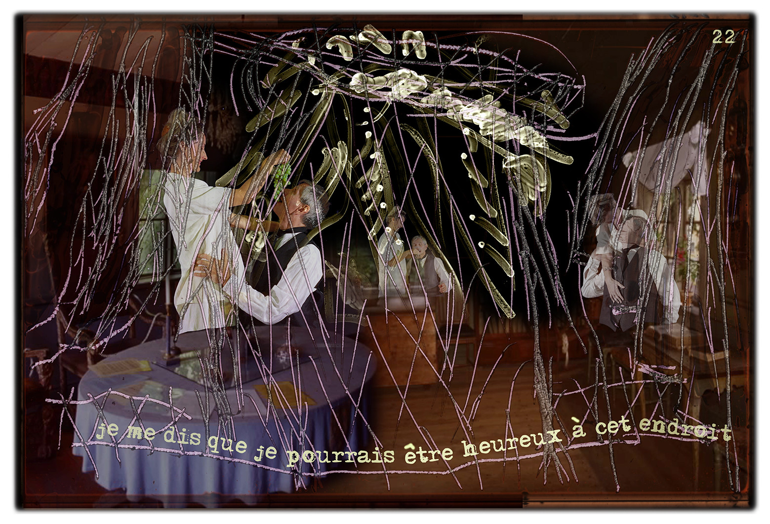 KAFKA. VERS MINUIT 22Je me dit que je pourrais être heureux à cet endroit.image en largeur, au format 30 x 40 cmPhoto montages numériques sur palette graphique, dessin, blue screen, impression jet d’encres aux pigments.