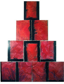 Légende :	PYRAMIDE 4- RED SEQUENCE -3-83Description :série des PYRAMIDES - 260 x 200 ( 10 feuilles 50 x 65 )craies, pastels, pierre noire, pochoirs