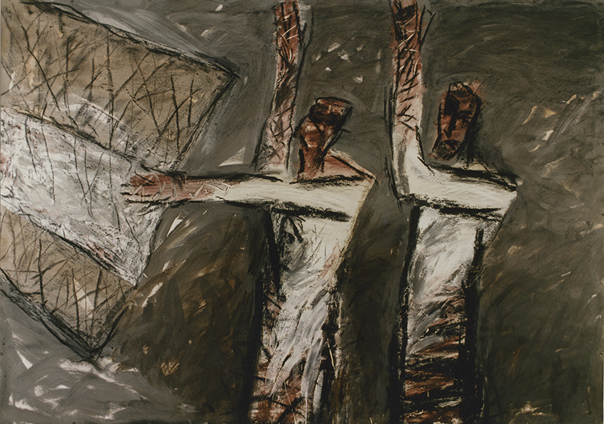 DERIVE  1Acrylique, fusain, pigments, terre, poudre de marbre, bitume, sur papier1 -  1995, repris en1996140 x 200