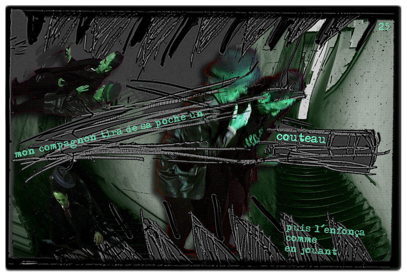 KAFKA. VERS MINUIT 25Mon compagnon tira de sa poche, un couteau, puis l’enfonça comme en jouant.image en largeur, au format 30 x 40 cmPhoto montages numériques sur palette graphique, dessin, blue screen, impression jet d’encres aux pigments.