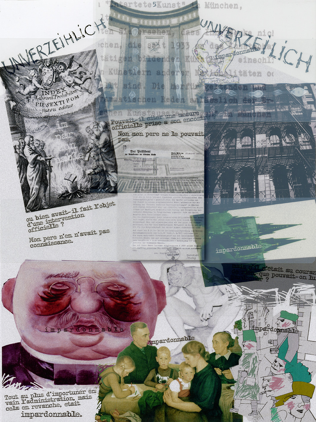 KAFKA. LE CHATIMENT D'AMALIA 5Description :Pouvait-il citer une mesure officielle prise à son encontre ? Non, mon père ne le pouvait pas. Ou bien avait-il fait l’objet d’une intervention officielle ?Mon père n’en n’avait pas connaissance.Mais s’il n’était au courant de rien, que pouvait-on lui pardonner ?Image en hauteur au format 30 x 40 cm.Photo montages numériques, dessin, impression par jet d’encres aux pigments, sur des transparents superposés.Tout au plus d’importuner en vain l’administration, mais cela en revanche,était IMPARDONNABLE.