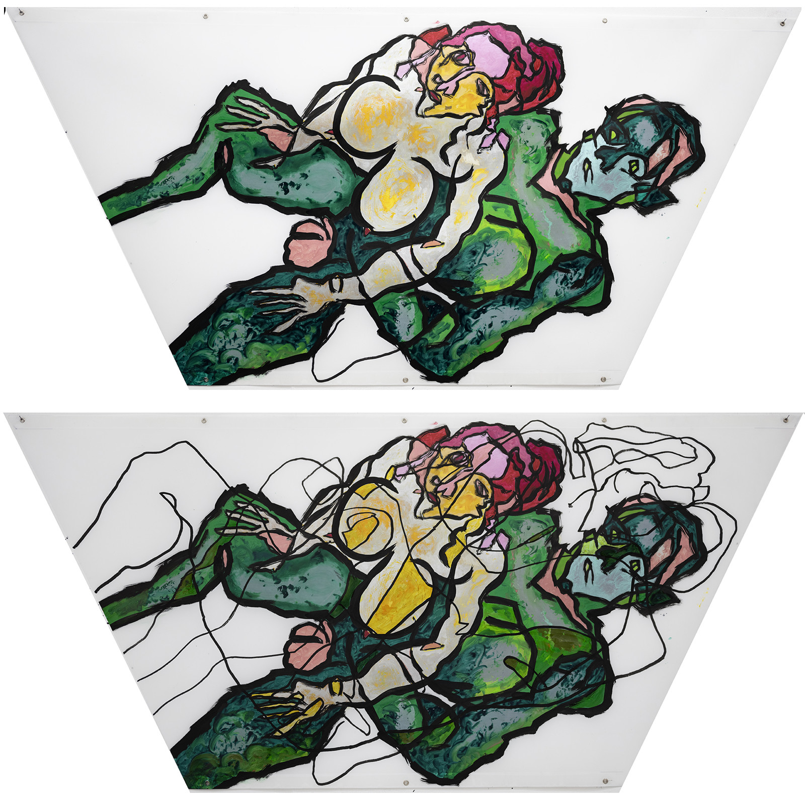 COUPLE COLONNE  n° 20   DOMINIQUEEn haut les contours En bas les second dessin superposé180 x 85   film polyester   encres acryliques01 - 2024