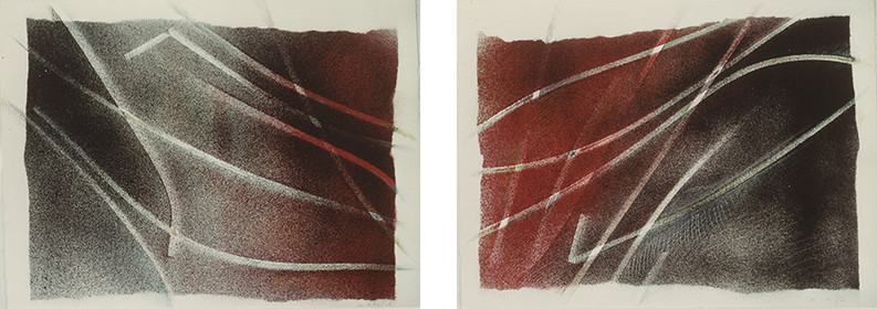 série des TRACES AIMANTÉES - pulvérisations d'encres, aimants en bandes - 2 fois 50 x 65 - 7  82