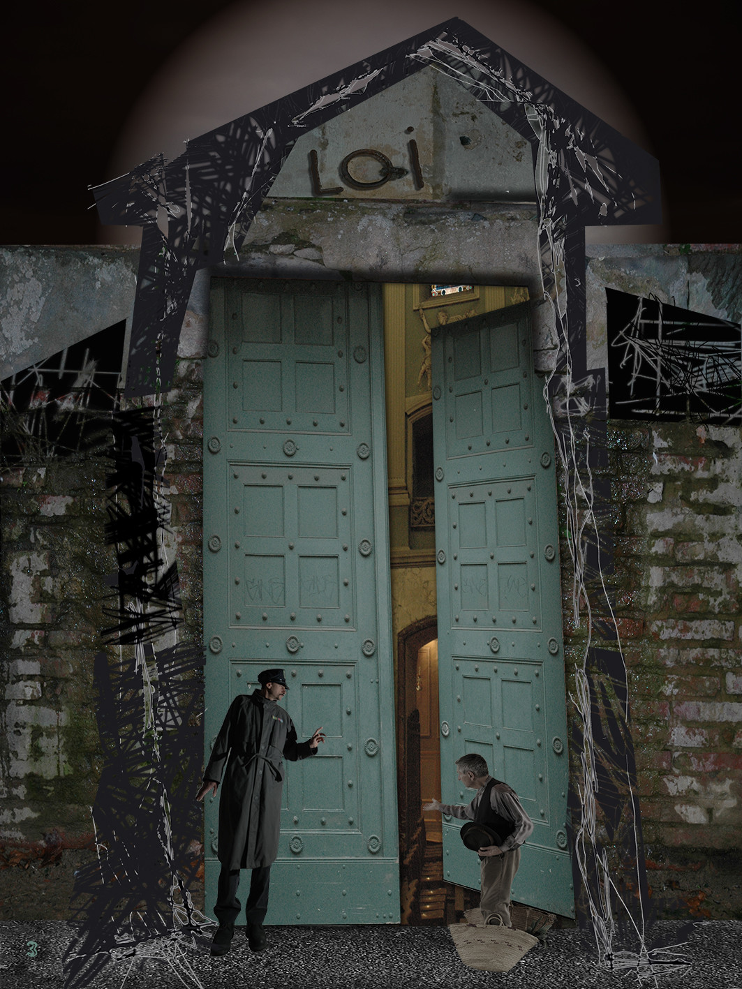 DEVANT LA LOI 3image en hauteur, au format 30 x 40 cm   existe aussi au format 60 x 80Photo montages numériques, dessin, blue screen, impression jet d’encres aux pigments.