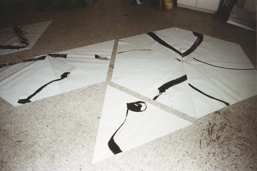 Légende :	série LE TRIANGLE DU SEXEDescription :série LE TRIANGLE DU SEXE, travail en commun avec l'artisteRichard NICOLAS - travail les yeux bandés - élaboration d'un code d'orientationdes triangles, afin de continuer à s'expédier mutuellement des compositions nouvellespar courrier - 8  75