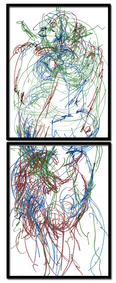 CL  DE 3 COULEURSDESSIN EN AVEUGLE, les yeux bandés, par touché du corps. Dessins repris scannés et travaillés sur palette graphique. Chaque image, au format 30 x 40, est imprimée par jet d'encres aux pigments.Les initiales désignent en premier celui qui dessine, en second, celui qui est dessiné80 X 30   octobre 2010