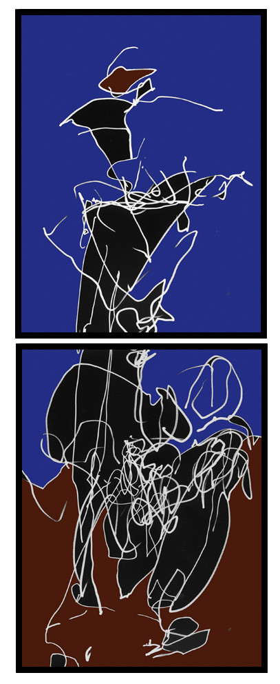 OL  CL  2DESSIN EN AVEUGLE, les yeux bandés, par touché du corps. Dessins repris scannés et travaillés sur palette graphique. Chaque image, au format 30 x 40, est imprimée par jet d'encres aux pigments.Les initiales désignent en premier celui qui dessine, en second, celui qui est dessiné80 X 30   octobre 2010