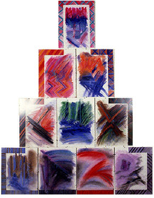 Légende :	PYRAMIDE 3 - LA LOI ET LA PULSIONDescription :série des PYRAMIDES - 260 x 200 ( 10 feuilles 50 x 65 )craies, pastels, pochoirs