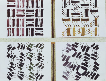 Légende :	dessins préparatoires aux CARRÉS DU DÉSIRDescription :dessins préparatoires aux CARRÉS DU DÉSIR - encres et pinceau chinois - 4 fois 50 x 65ensemble 13 à 16 - 1   80