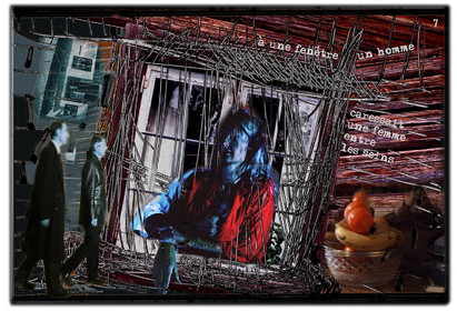 KAFKA. VERS MINUIT 7A une fenêtre, un homme caressait une femme entre les seins.image en largeur, au format 30 x 40 cmPhoto montages numériques sur palette graphique, dessin, blue screen, impression jet d’encres aux pigments.