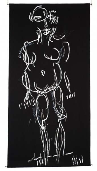 toile tissu noir - dessins de Mado numérisés et agrandis par vidéo projectionDessin à la peinture acrylique blanche, directement au tube, pour créer unrelief, perceptible par les non voyants.200 x 100     2009-2010NDM - DE - FACE