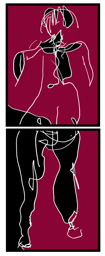 DE  MA  1DESSIN EN AVEUGLE, les yeux bandés, par touché du corps. Dessins repris scannés et travaillés sur palette graphique. Chaque image, au format 30 x 40, est imprimée par jet d'encres aux pigments.Les initiales désignent en premier celui qui dessine, en second, celui qui est dessiné80 X 30   octobre 2010