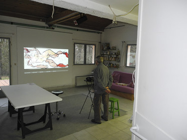 les  6 dessins sont agrandis successivement  par video projectionsur des feuilles polyester de 200 x 90 cmCONTOURS, DUR, SOUPLE, CHAUD, FORMES, POILS