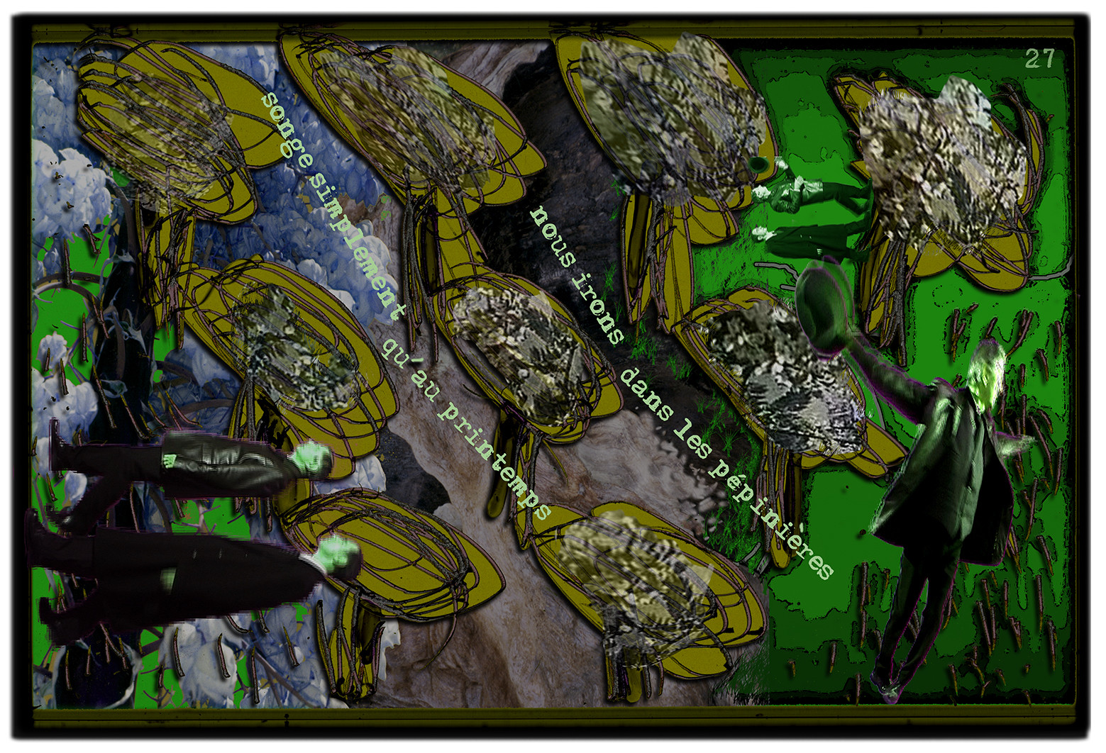 KAFKA. VERS MINUIT 27Songe simplement qu’au printemps, nous irons dans les pépinières.image en largeur, au format 30 x 40 cmPhoto montages numériques sur palette graphique, dessin, blue screen, impression jet d’encres aux pigments.